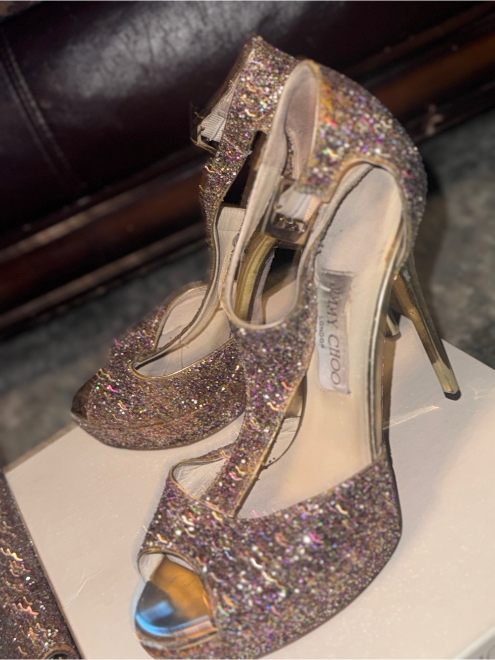 Jimmy Choo Multicolor Glitter Peep-Toe Stiletto Heels